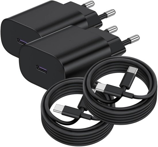 USB-C Oplader – Geschikt voor iPhone 15/16 & Samsung Galaxy S25/S24 – 25W Snellader + USB-C Kabel 1,5m – 2 Pack – Zwart