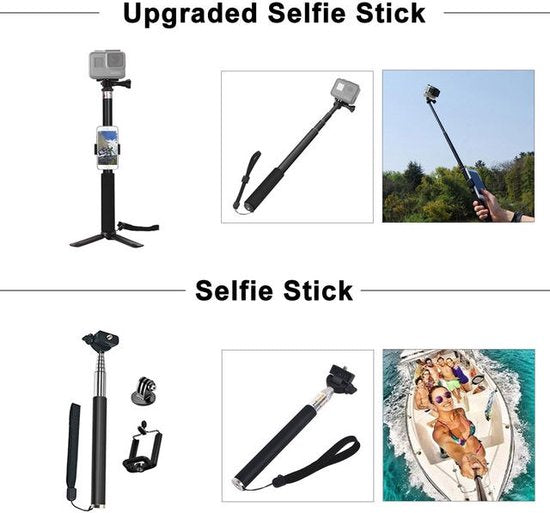 Action camera accessoires set – Mount, selfie stick & case – Luxe opbergkoffer – Geschikt voor GoPro Hero 10/9/8/7/6/5/4, Xiaomi, Sjcam, Eken-Videocamerastarterkit-Ilumina Benelux