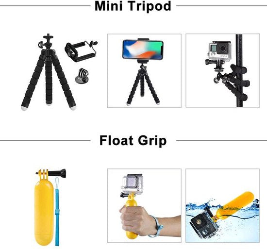 Action camera accessoires set – Mount, selfie stick & case – Luxe opbergkoffer – Geschikt voor GoPro Hero 10/9/8/7/6/5/4, Xiaomi, Sjcam, Eken-Videocamerastarterkit-Ilumina Benelux