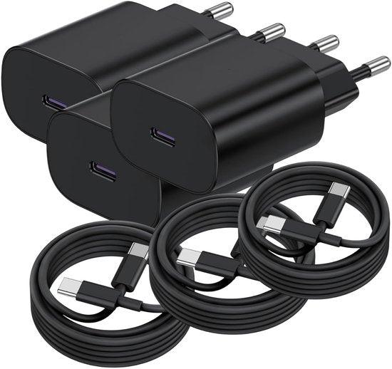 USB-C Oplader – 25W Snellader 3-Pack + 2M USB-C Kabel – Geschikt voor iPhone 15/16 & Samsung Galaxy S25/S24/S23 – Zwart