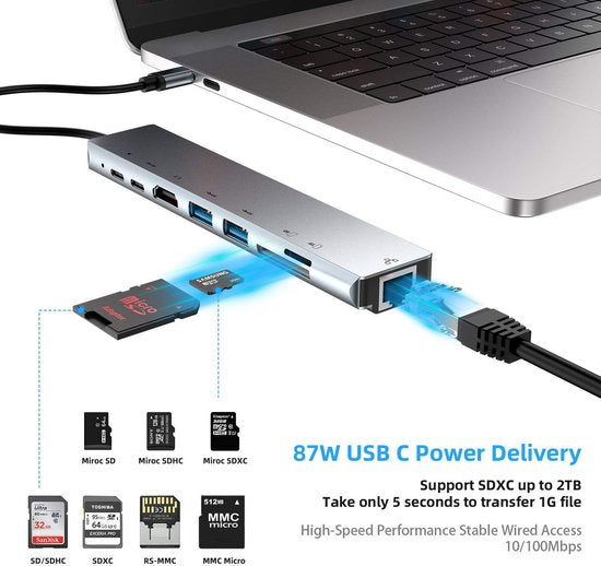 USB-C Hub – 8-in-1 Type-C Adapter met Ethernet – 4K HDMI – 2x USB 3.0 – 100W PD – SD Kaartlezer – Geschikt voor MacBook/Chromebook/HP/Asus/Lenovo-Ilumina Benelux
