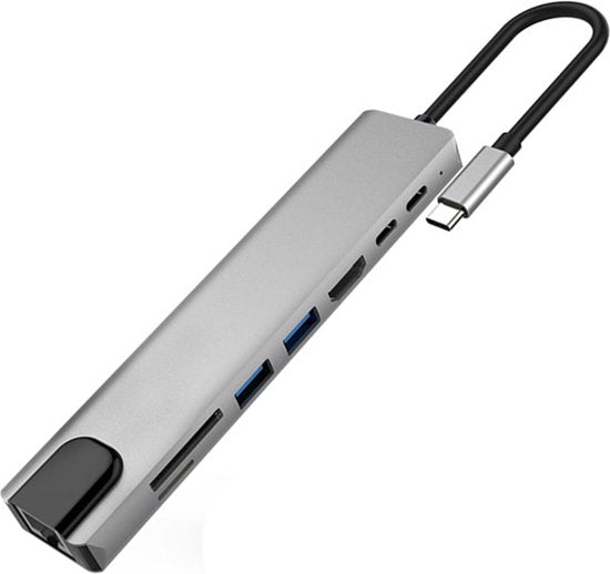 USB-C Hub – 8-in-1 Type-C Adapter met Ethernet – 4K HDMI – 2x USB 3.0 – 100W PD – SD Kaartlezer – Geschikt voor MacBook/Chromebook/HP/Asus/Lenovo-Ilumina Benelux