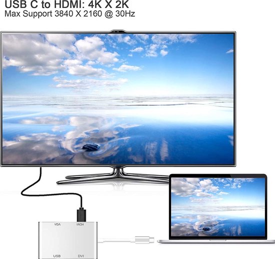 USB-C naar HDMI DVI VGA Adapter – 4-in-1 Video Hub – 4K HDMI – USB 3.0 – Zilver-Ilumina Benelux