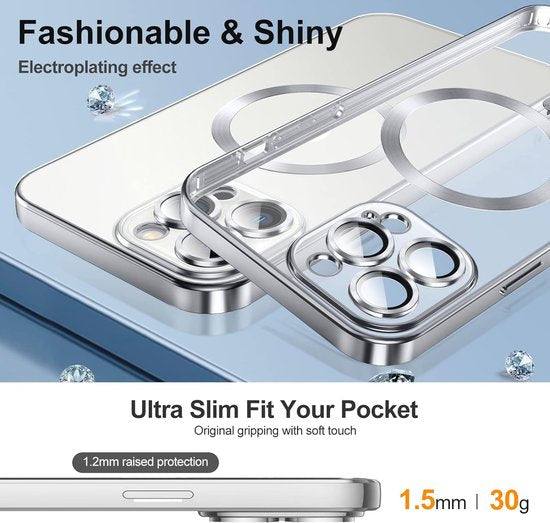 iPhone 15 Pro Hoesjes – Magnetische Clear Siliconen Backcover – Camera Lens Protector – MagSafe – Zilver-Ilumina Benelux