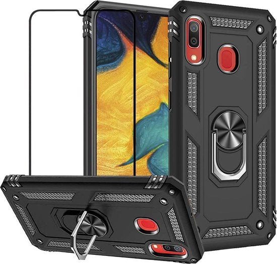 Backcover Geschikt voor: Samsung Galaxy A50S hoesje Schokbestendige Ring Armor met Volledige Screenprotector zwart