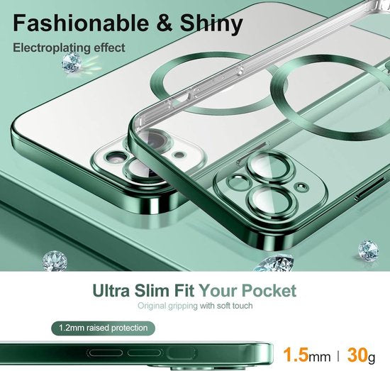 iPhone 13 Pro Hoesjes – Magnetische Clear Siliconen Backcover – Camera Lens Protector – MagSafe – Groen-Ilumina Benelux