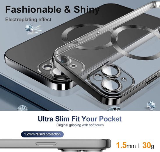 iPhone 15 Hoesjes – Magnetische Clear Siliconen Backcover – Camera Lens Protector – MagSafe – Zwart-Ilumina Benelux