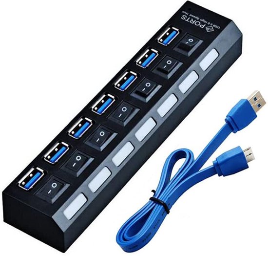 USB 3.0 Hub 7-Poorts – USB-Splitter – Aan/Uit Schakelaars – Externe Voeding Optioneel – Zwart-Ilumina Benelux