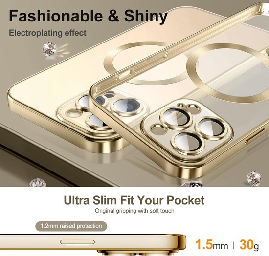 iPhone 15 Pro Hoesjes – Magnetische Clear Siliconen Backcover – Camera Lens Protector – MagSafe – Goud-Ilumina Benelux