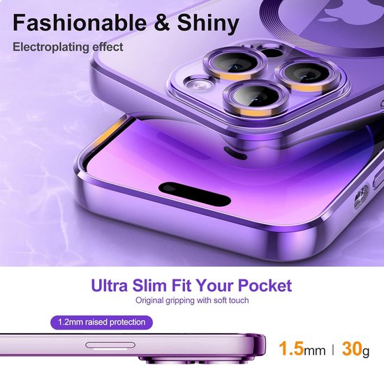 iPhone 13 Pro Max Hoesjes – Magnetische Clear Siliconen Backcover – Camera Lens Protector – MagSafe – Paars-Ilumina Benelux