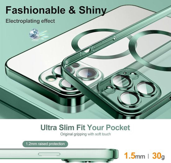 iPhone 14 Pro Hoesjes – Magnetische Clear Siliconen Backcover – Camera Lens Protector – MagSafe – Groen-Ilumina Benelux