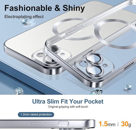iPhone 14 Hoesjes – Magnetische Clear Siliconen Backcover – Camera Lens Protector – MagSafe – Zilver-Ilumina Benelux