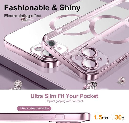 iPhone 15 Plus Hoesjes – Magnetisch Clear Siliconen Backcover – Camera Lens Protector – MagSafe – Roségoud-Ilumina Benelux