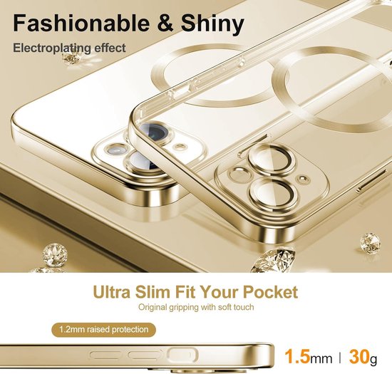 iPhone 14 Plus Hoesjes – Magnetische Clear Siliconen Backcover – Camera Lens Protector – MagSafe – Goud-Ilumina Benelux