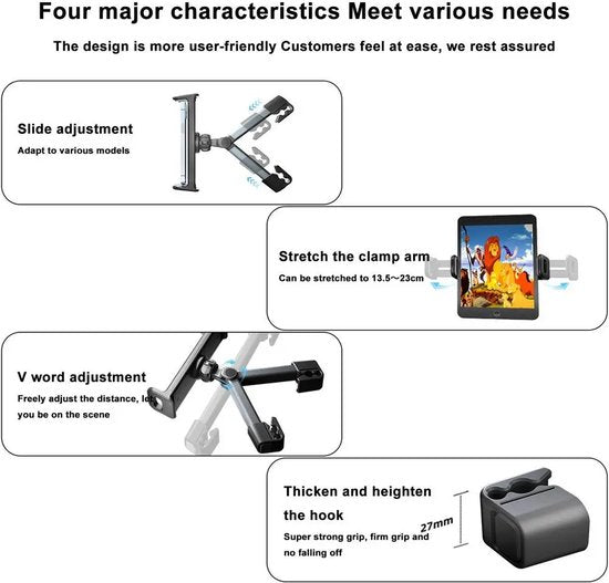 Tablethouder voor achterbank in de auto - Verstelbare Hoofdsteun Houder voor 4,4 tot 11 inch Tablets