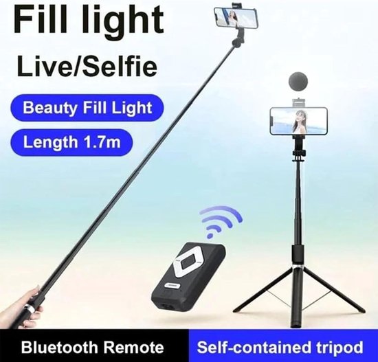 Selfiestick met statief – Bluetooth afstandsbediening – 6-in-1 tripod – Dubbele fill light – Geschikt voor iPhone & Samsung – Zwart
