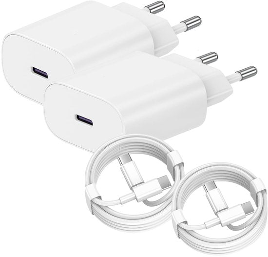 USB-C Oplader – Geschikt voor iPhone 15/16 & Samsung Galaxy S25/S24/S23 – 25W Snellader + 2m USB-C Kabel – 2-Pack – Wit
