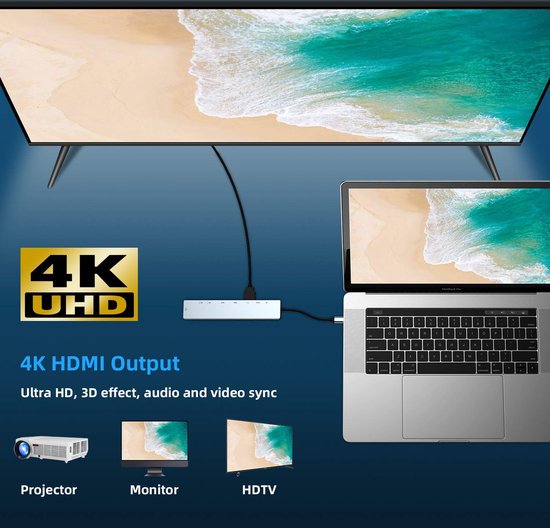 USB-C Hub – 8-in-1 Type-C Adapter met Ethernet – 4K HDMI – 2x USB 3.0 – 100W PD – SD Kaartlezer – Geschikt voor MacBook/Chromebook/HP/Asus/Lenovo-Ilumina Benelux
