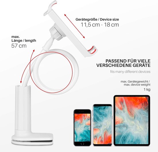 Tablethouder & Telefoonhouder - Universeel - 360° Draaibare arm - Houder Met Klem - Statief geschikt voor: Bureau, Tafel en bed - Wit