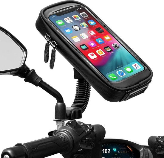 Telefoonhouder motor – Waterdicht met regenhoes – 360° draaibaar – Spiegelmontage – Voor telefoons tot 6,7 inch – Zwart-Ilumina Benelux