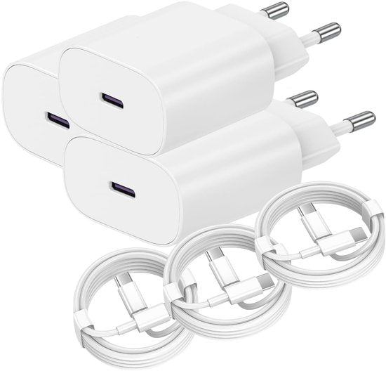 Oplader – USB-C Snellader 25W + USB-C Kabel 1M – 3 Pack – Geschikt voor iPhone 15/16 & Samsung Galaxy S25/S24/S23 – Wit