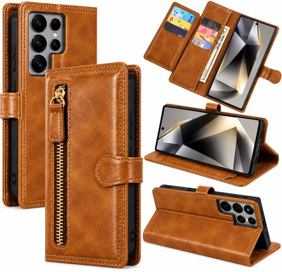 Bookcase Geschikt voor: Samsung Galaxy S26 Ultra - Portemonnee hoesje met ritssluiting en magnetische sluiting -5 pasjes - Lichtbruin