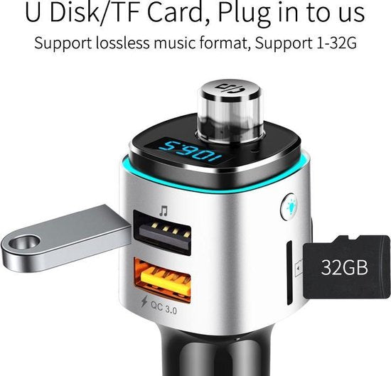 Bluetooth FM Transmitter Auto – Draadloze Carkit Handsfree – QC3.0 USB Snellader – MP3 Speler SD/USB – Zwart-Ilumina Benelux