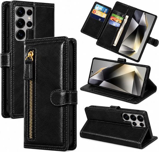 Bookcase Geschikt voor: Samsung Galaxy S26 Ultra - Portemonnee hoesje met ritssluiting en magnetische sluiting -5 pasjes - Zwart