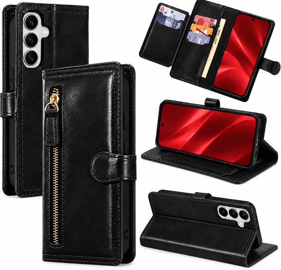 Bookcase Geschikt voor: Samsung Galaxy A56 - Portemonnee hoesje met ritssluiting en magnetische sluiting -5 pasjes - Zwart