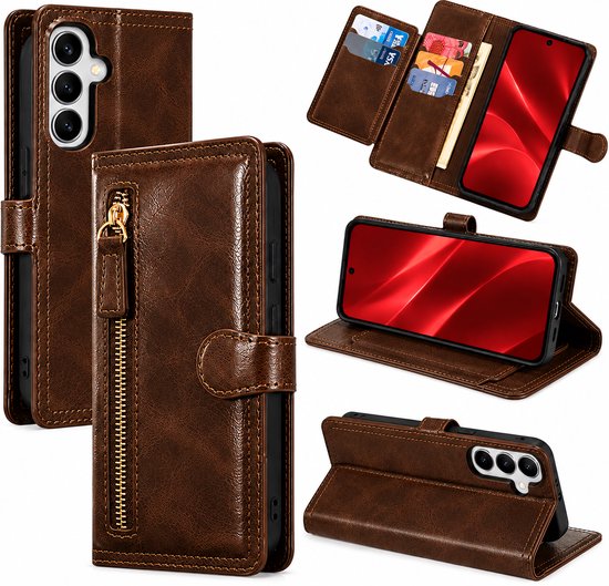 Bookcase Geschikt voor: Samsung Galaxy A17 - Portemonnee hoesje met ritssluiting en magnetische sluiting -5 pasjes - Donkerbruin