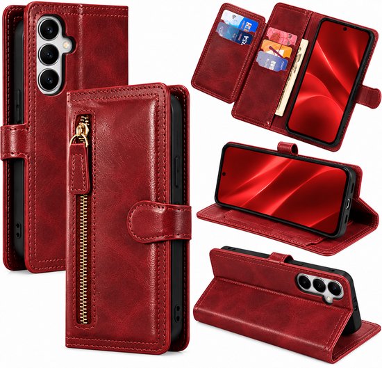 Bookcase Geschikt voor: Samsung Galaxy S26 Plus - Portemonnee hoesje met ritssluiting en magnetische sluiting -5 pasjes - Rood