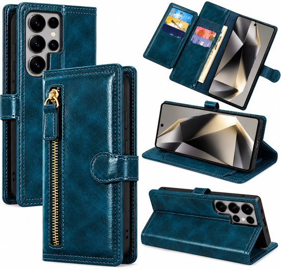 Bookcase Geschikt voor: Samsung Galaxy S26 Ultra - Portemonnee hoesje met ritssluiting en magnetische sluiting -5 pasjes - Donkerblauw