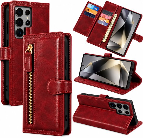 Bookcase Geschikt voor: Samsung Galaxy S26 Ultra - Portemonnee hoesje met ritssluiting en magnetische sluiting -5 pasjes - Rood