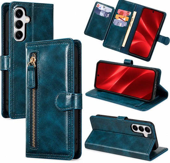 Bookcase Geschikt voor: Samsung Galaxy A36 - Portemonnee hoesje met ritssluiting en magnetische sluiting -5 pasjes - Donkerblauw