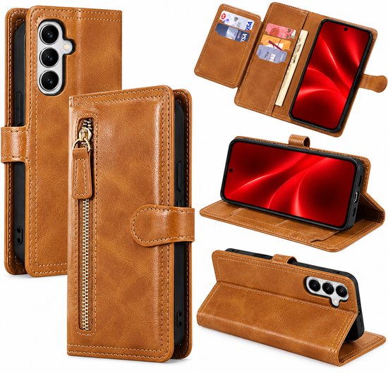 Bookcase Geschikt voor: Samsung Galaxy A56 - Portemonnee hoesje met ritssluiting en magnetische sluiting -5 pasjes - Lichtbruin
