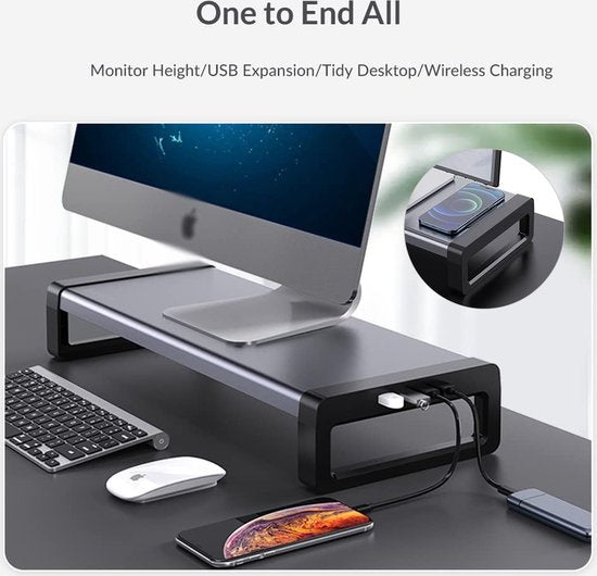 Monitorstandaard – Beeldscherm Verhoger Bureau – Draadloze Oplader – USB 3.0 HUB – Zilver-Monitorstandaard-Ilumina Benelux