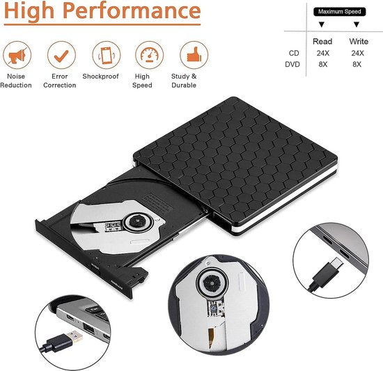 Externe DVD Speler & Brander – USB 3.0 & USB-C – CD/DVD Drive voor Laptop & MacBook – Plug & Play – Draagbaar-Optische drive-Ilumina Benelux
