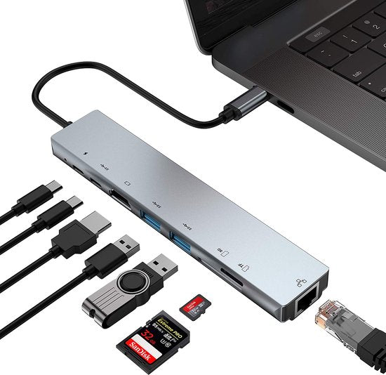 USB-C Hub – 8-in-1 Type-C Adapter met Ethernet – 4K HDMI – 2x USB 3.0 – 100W PD – SD Kaartlezer – Geschikt voor MacBook/Chromebook/HP/Asus/Lenovo-Ilumina Benelux