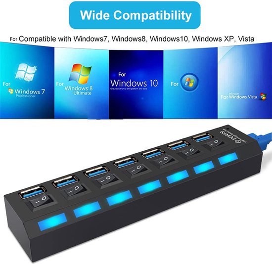 USB 3.0 Hub 7-Poorts – USB-Splitter – Aan/Uit Schakelaars – Externe Voeding Optioneel – Zwart-Ilumina Benelux