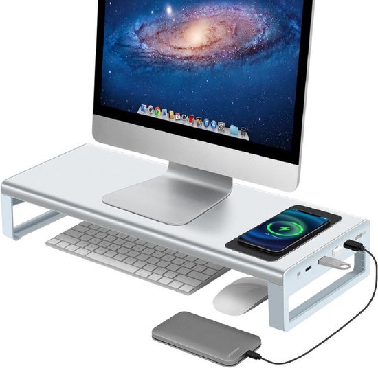 Monitorstandaard – Beeldscherm Verhoger Bureau – Draadloze Oplader – USB 3.0 HUB – Zilver-Monitorstandaard-Ilumina Benelux