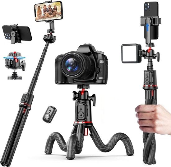 Octopus Tripod Statief XL – Flexibel statief voor smartphone & DSLR – Bluetooth afstandsbediening – 360° draaibaar – 3kg draagkracht – Zwart