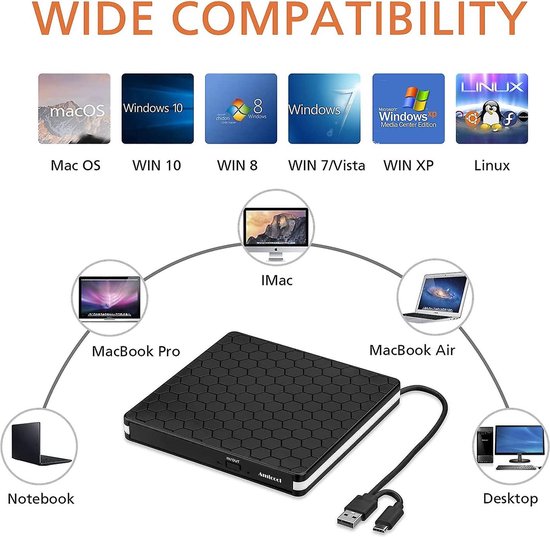 Externe DVD Speler & Brander – USB 3.0 & USB-C – CD/DVD Drive voor Laptop & MacBook – Plug & Play – Draagbaar-Optische drive-Ilumina Benelux