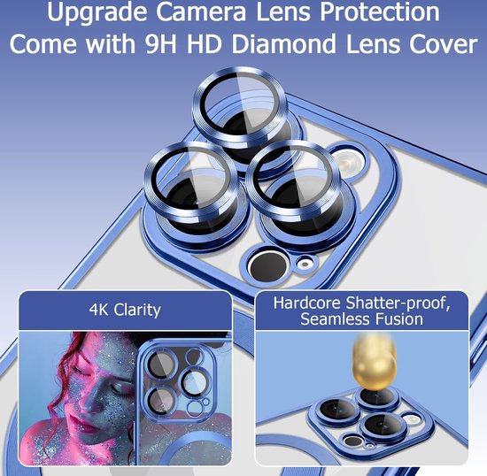 iPhone 15 Pro Max Hoesjes – Magnetische Clear Siliconen Backcover – Camera Lens Protector – MagSafe – Blauw-Ilumina Benelux