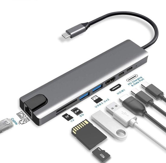 USB-C Hub – 8-in-1 CNC Aluminium Adapter – 4K HDMI, RJ45 Ethernet, USB 3.0, USB-C PD, SD/TF – Zilver-Ilumina Benelux
