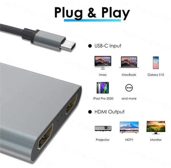 USB-C Docking Station – 4-in-1 Hub – 2x HDMI 4K 60Hz Dual Monitor – USB 3.0 – Zwart-Ilumina Benelux