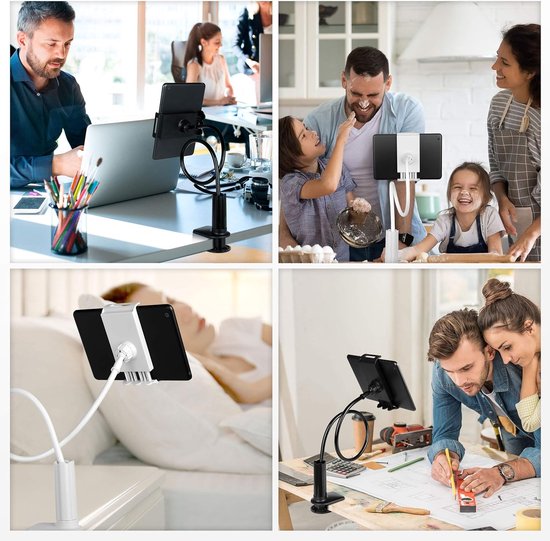 Tablethouder & Telefoonhouder - Universeel - 360° Draaibare arm - Houder Met Klem - Statief geschikt voor: Bureau, Tafel en bed - Wit