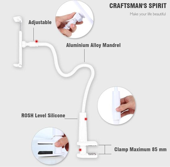 Tablethouder & Telefoonhouder - Universeel - 360° Draaibare arm - Houder Met Klem - Statief geschikt voor: Bureau, Tafel en bed - Wit