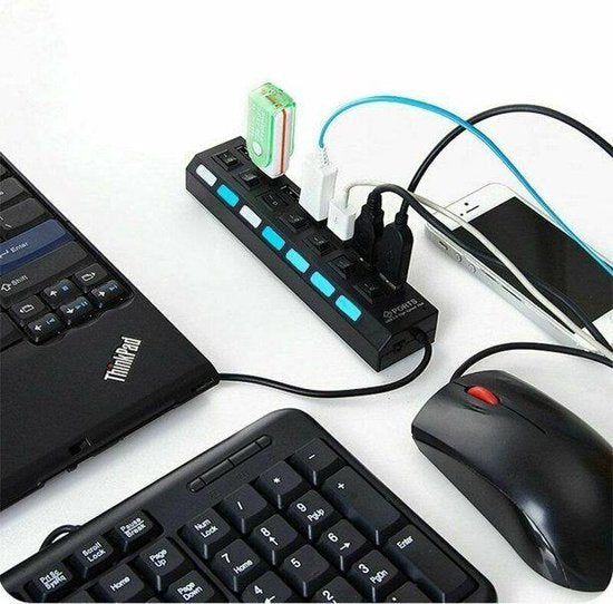 USB 3.0 Hub 7-Poorts – Met Aan/Uit Schakelaars – Powered met Indicatielampjes – 5 Gbps – Plug & Play – Zwart-Ilumina Benelux