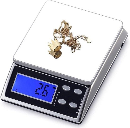 Precisieweegschaal keuken – 0,01g tot 200g – Pocketformaat – RVS weegplatform – Backlit LCD – Inclusief AAA batterijen-Ilumina Benelux