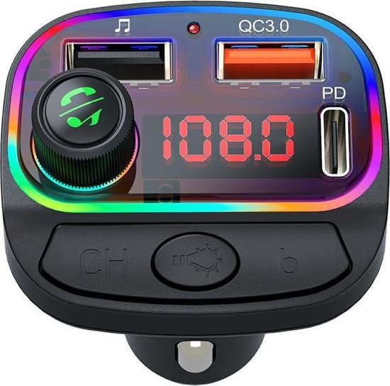 FM Transmitter Auto – Bluetooth 5.0 Carkit – MP3 Speler – Snelladen USB & USB-C – Handsfree – 7-Kleuren LED – Zwart-Ilumina Benelux